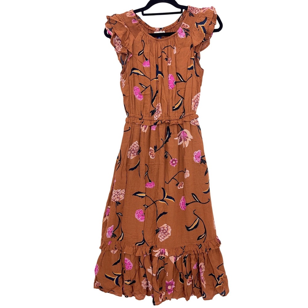 Universal Thread Brown Floral Midi Dress XS Flutter Sleeve Tiered Ruffle Hem